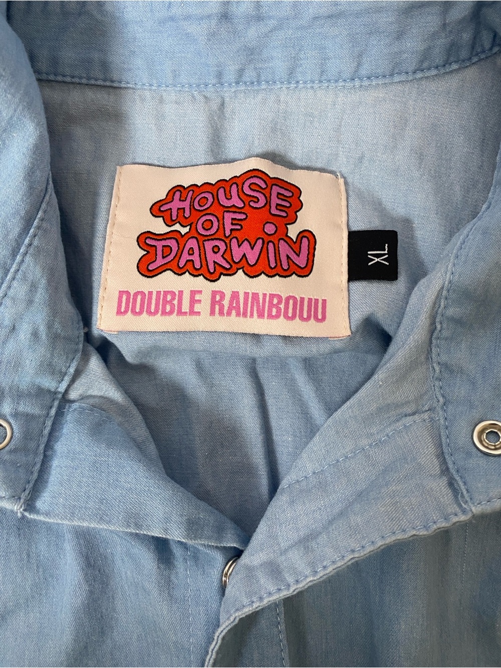 House of Darwin Western Shirt XL Embroidered Snap Button Blue Boho Linen Blend - Picture 5 of 8